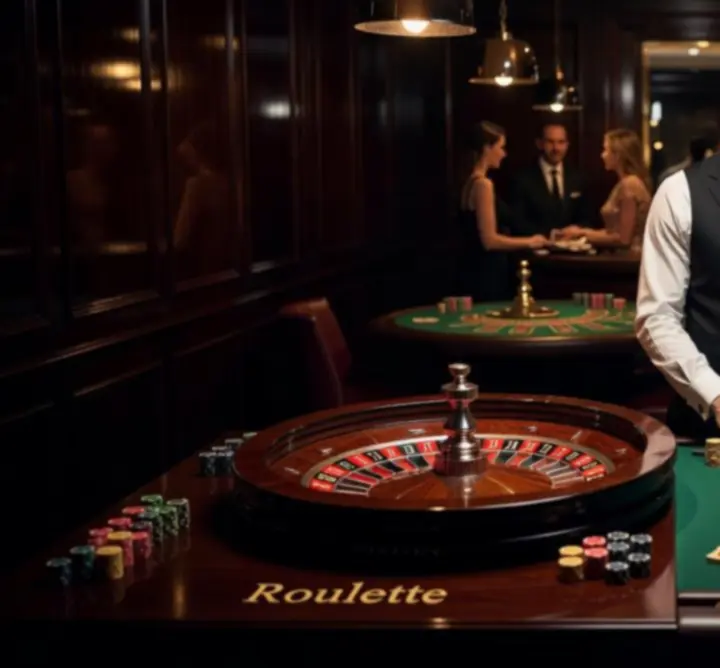 Stanowiska ruletki i blackjacka z żetonami i kołem ruletki na evencie Luxe Venue Club