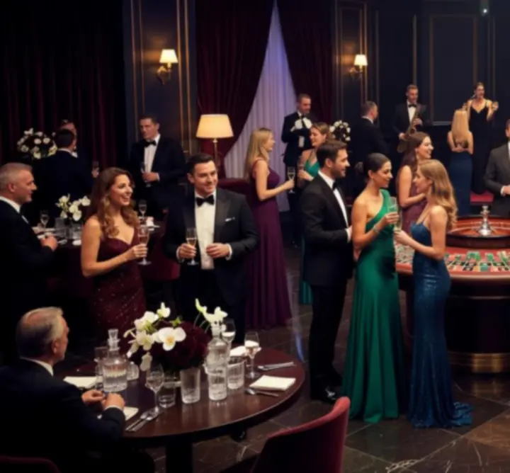 Galeria scen z luksusowych eventów: stoły pokerowe, ruletka i eleganckie wnętrza klubowe