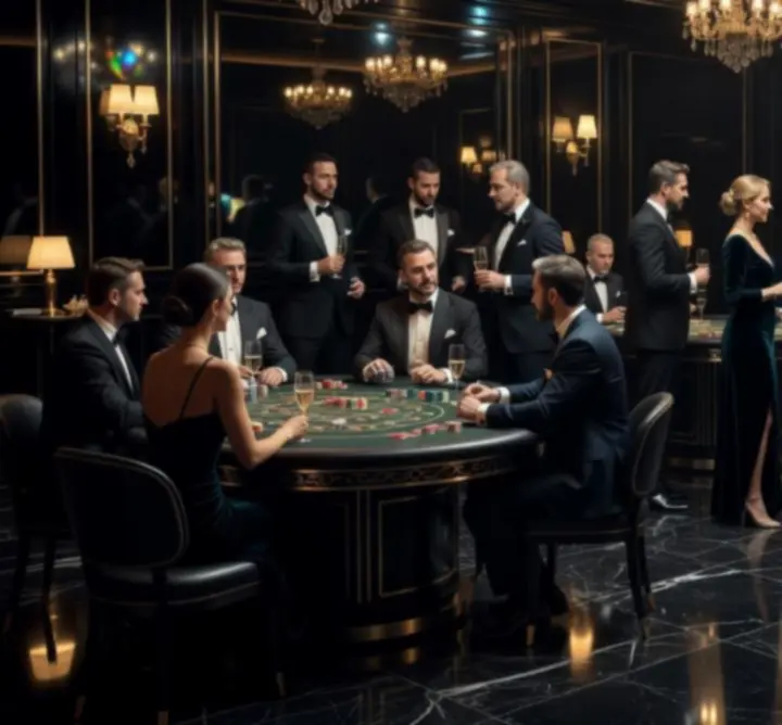 Luksusowe wnętrze eventu casino z eleganckimi stołami gry