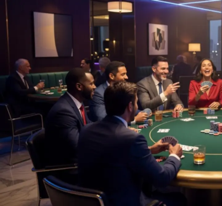 Zespół firmowy integrujący się przy stole pokerowym