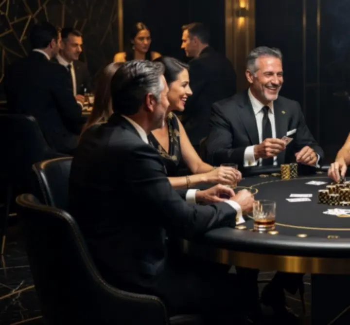 Grupa uczestników przy eleganckim stole pokerowym podczas eventu