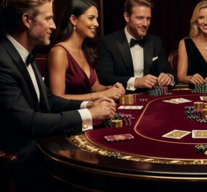 Profesjonalny stół pokerowy z żetonami i kartami w eleganckiej aranżacji eventowej